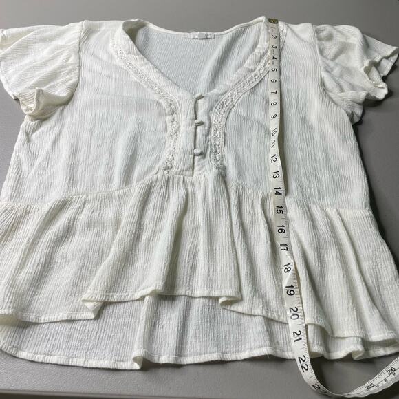 Eyeshadow Boho Cropped Blouse Flutter Sleeve Peplum Crochet Button Front White L - Picture 11 of 11
